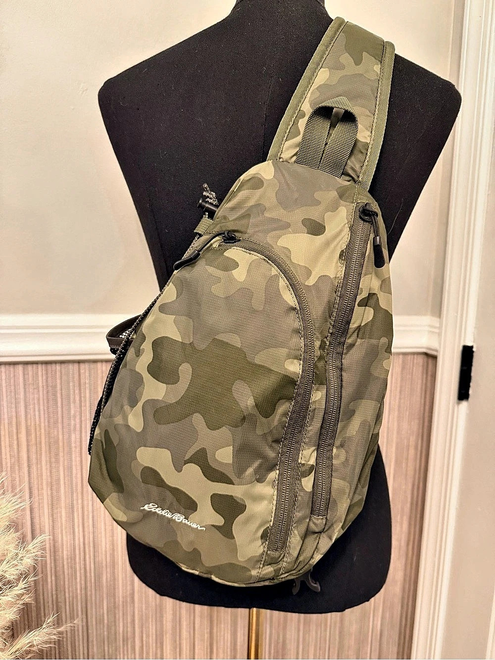 Eddie Bauer Camo Sling Backpack Olive Green Crossbody Hiking Bag